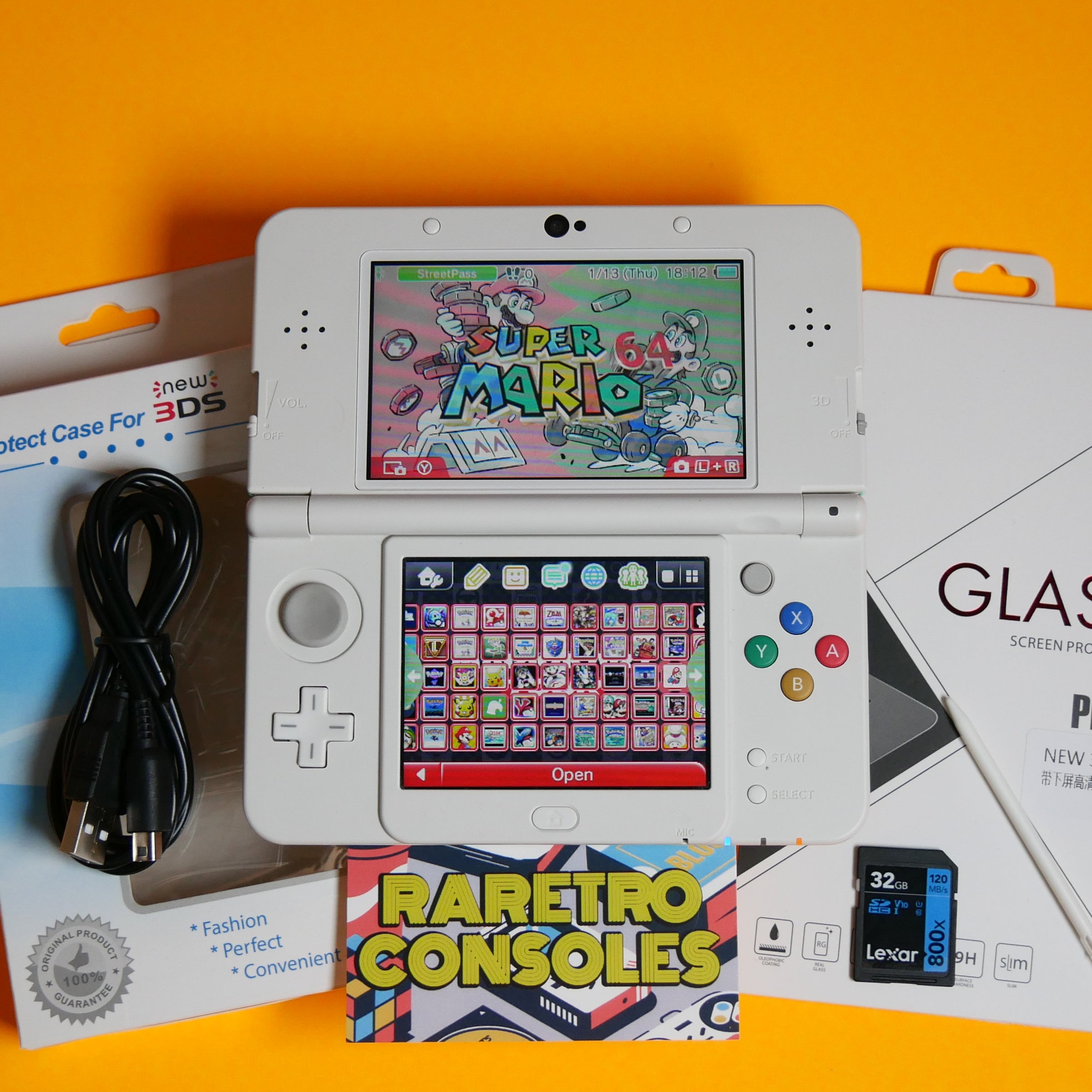 New Nintendo 3DS in White with No. 026 Teal / Blue Mario Embossed