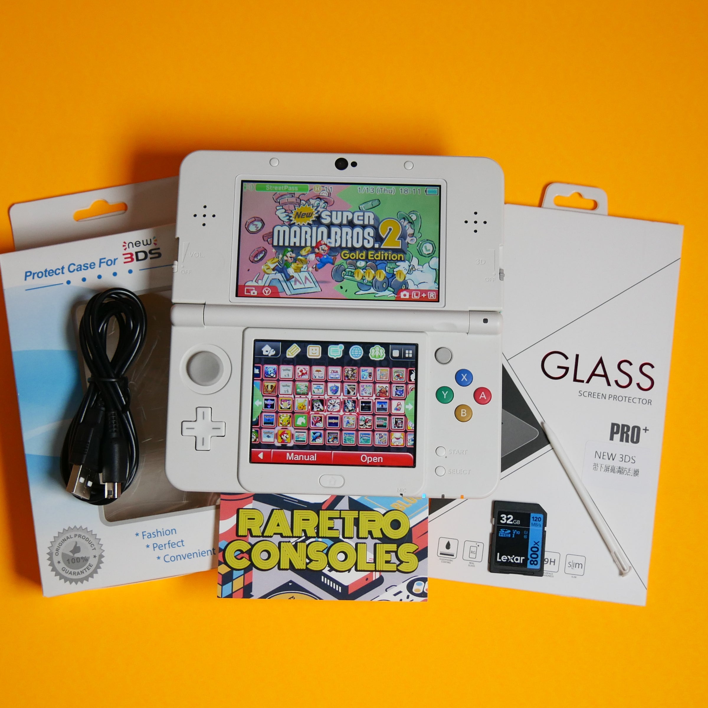 New Nintendo 3DS in White with No. 026 Teal / Blue Mario Embossed