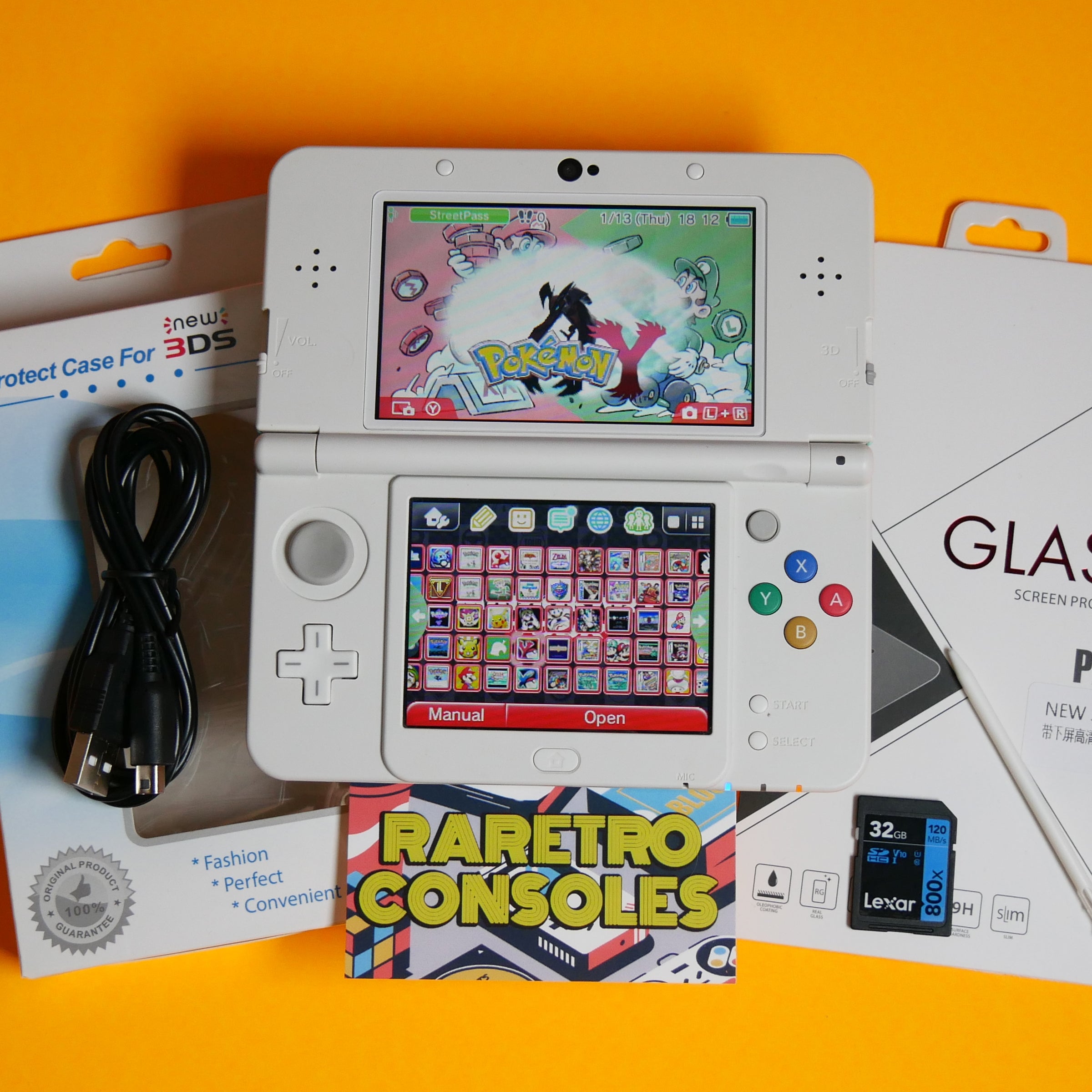 New Nintendo 3DS in White with No. 026 Teal / Blue Mario Embossed