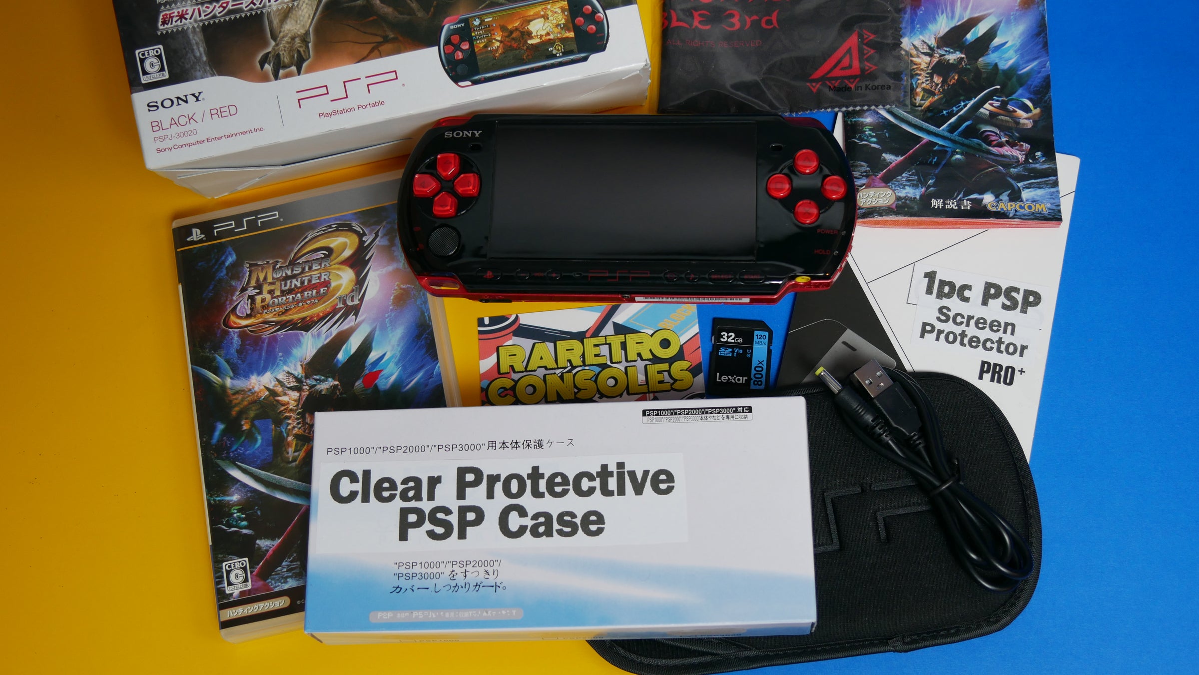 PSP3000 モンハンクリアレッドブラック Monster Hunter Portable 3rd Red x Black PSP 3000 With Box